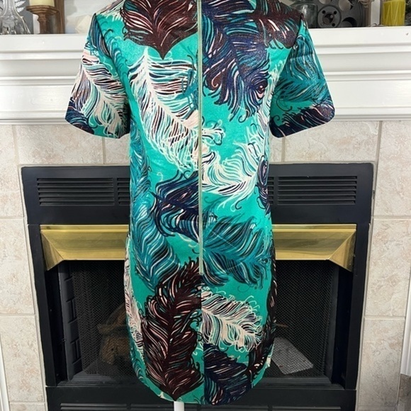 Kate Spade Regal Plumes Feather Print Shift Teal with Platinum Sheen Mini Dress - Picture 7 of 17